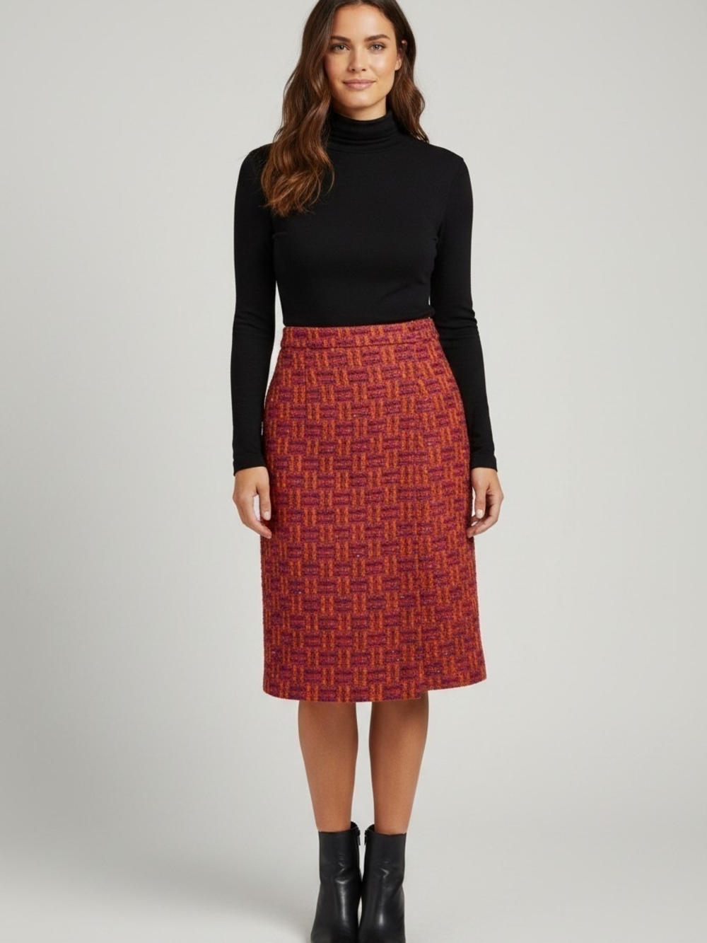 Oscar de la Renta Red and Orange Tweed Midi Skirt